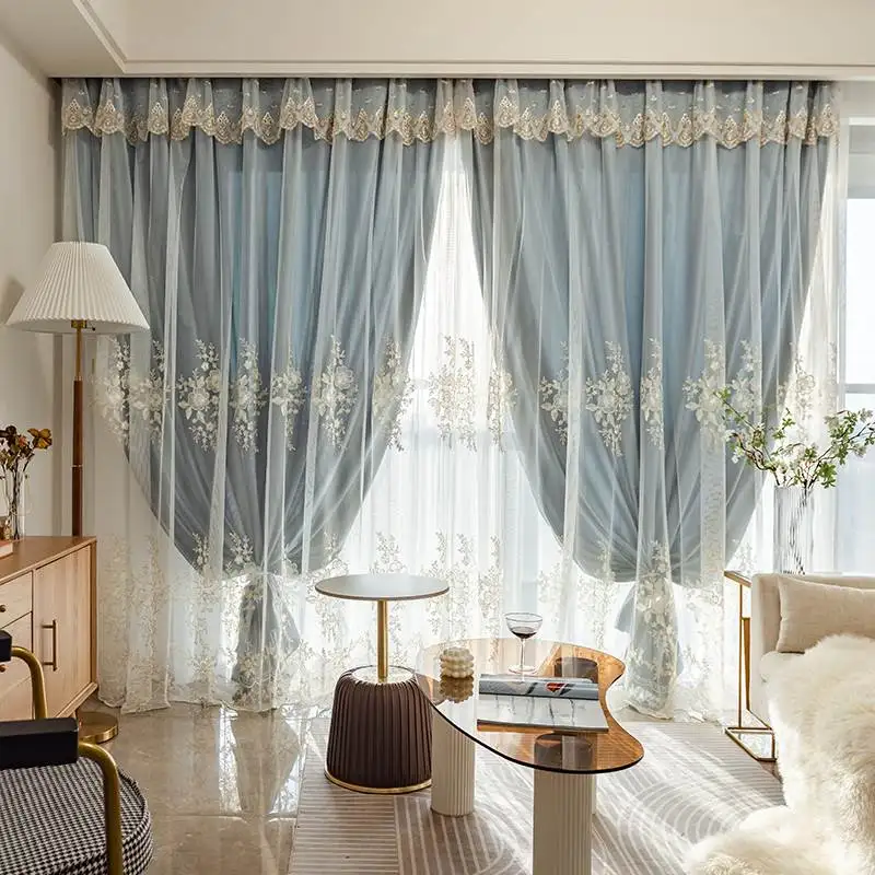 

Modern Romantic French Luxury Curtains for Living Room Bedroom Fabric and Yarn One Piece Embroidered Tulle Velvet Curtain Custom