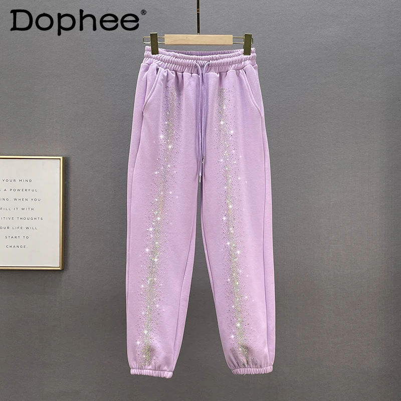 

Hot Drilling Sweatpants Women 2022 Fall Winter New Lace-up High Waist Loose Slim Pink Casual Pants Fleece Warm Ankle Harem Pants