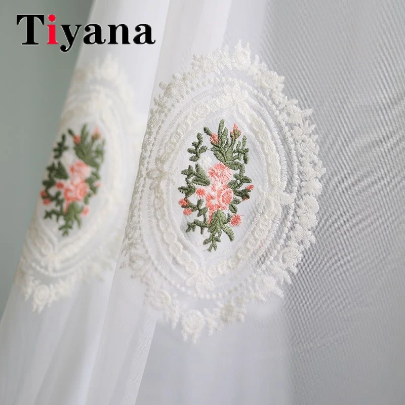 

European Countryside Pink Flower Embroidery White Sheer Tulle Curtains For Bedroom Living Room Balcony Window Voile Yarn Drapes