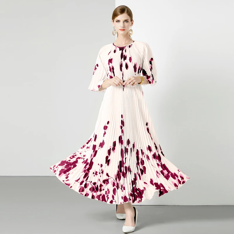 Женское плиссированное платье с круглым вырезом универсальное свободное