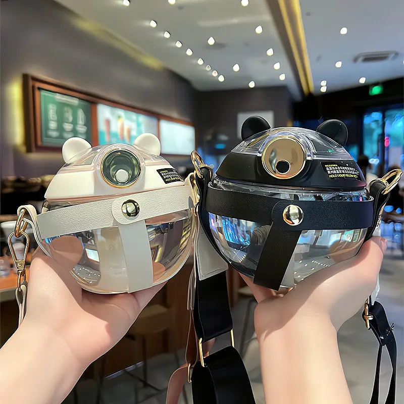 

Kawaii Cat Water Bottle Large Belly Cup Ball Cup With Straw Plastic Water Jug Juice Milk Bubble Tea Portable Strap Gym Drinking