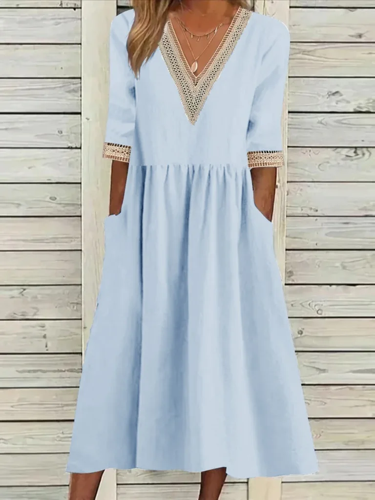 

Elegant Women's Vintage Loose Dress Fashion Spring Summer Cotton Hemp Lace V-neck Five Sleeve Pocket Casual Medium Length Dress
