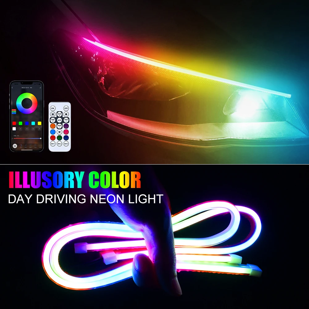 

2Pcs Car LED Neon Light DRL RGB Daytime Running Light APP&Remote Control Taillight Strip Colorful Flowing Turn Signal Waterproof