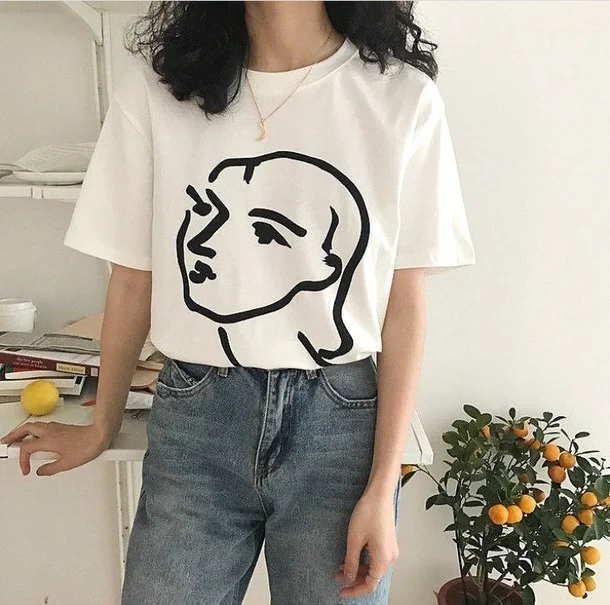 

Women Vintage Style Line Drawing Face Art T-Shirt Women Cute Korean Fashion Graphic Top Tee Fashion Ulzzang Grunge Art Shirt