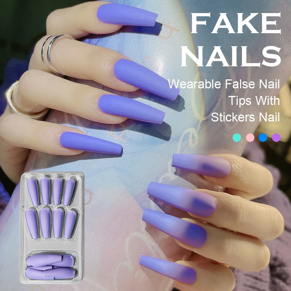 

24pcs Matte Press On Nails Blue Pink Purple Long Coffin Fake Nails Full Cover Acrylic False Nail Art Tips Manicure Tool