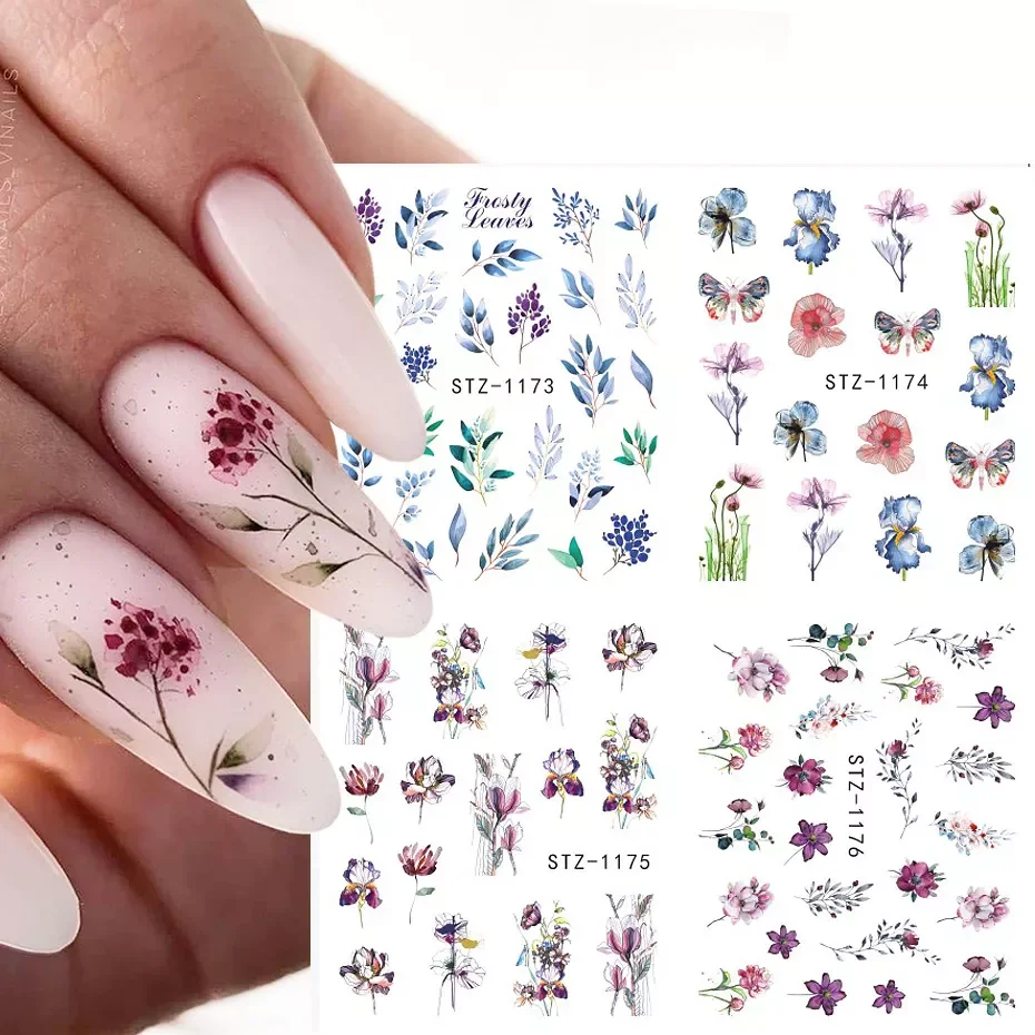 

4pcs/Set Charms Flowers Leaf Nail Stickers Watercolor Nail Art Decals Sliders Manicure Decorations Foils Tattoo TRSTZ1137-1180-1