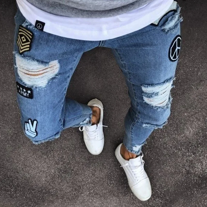 Men's Jeans Stretchy Ripped Skinny Biker Embroidery Cartoon Print Jeans Fashion Personality High Quality Jean Y2K Homme