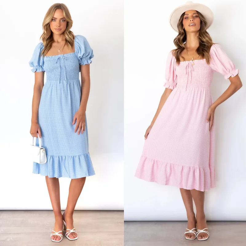 

2022European and American Spring and Summer New Plaid Elastic Lace Square Collar Ruffled Dress