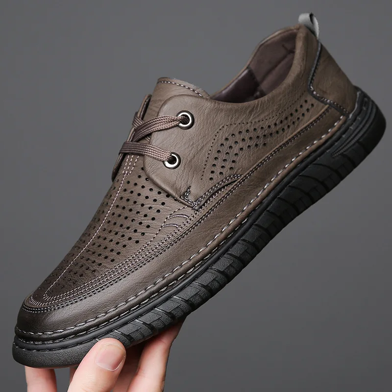 

New Summer Men Sandals Cozy Hollow Non-slip Soft Lighted Breathable All-match Wearable Fashion Work Shoes Casual Leather Sandals