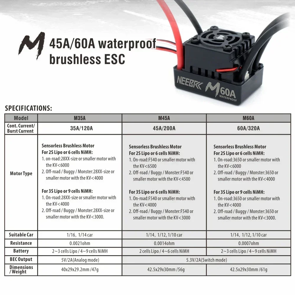 NEEBRC M Series 60A Водонепроницаемый ESC T XT60 Plug 2-3S Электронный регулятор скорости для 1/10