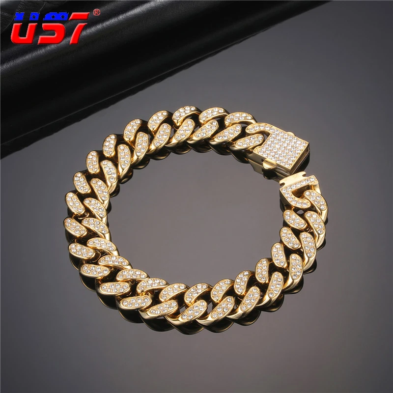 

US7 Stainless Steel Bracelet for 5A Zircon Cuban Chain Men Women Fashion Luxurious Hip Hop Rap Miami Jewelry Gift 11/15mm