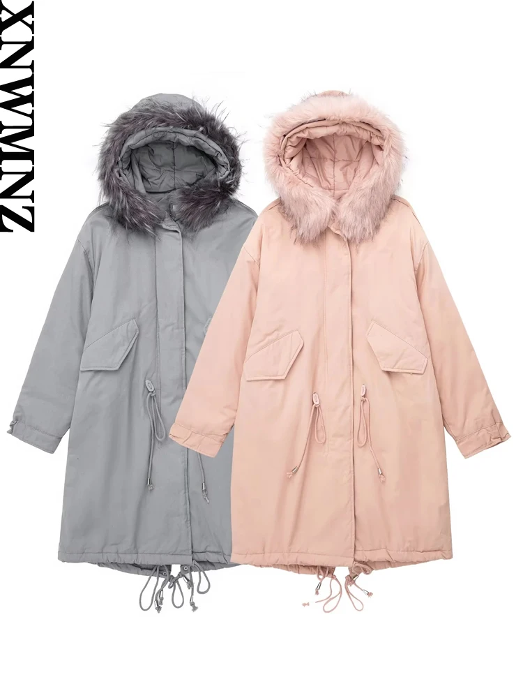 XNWMNZ Women Fashion Faux Fur Hooded Thick Warm Padded Coat Vintage Long Sleeve Adjustable Waist Outerwear Female Chic Overcoat