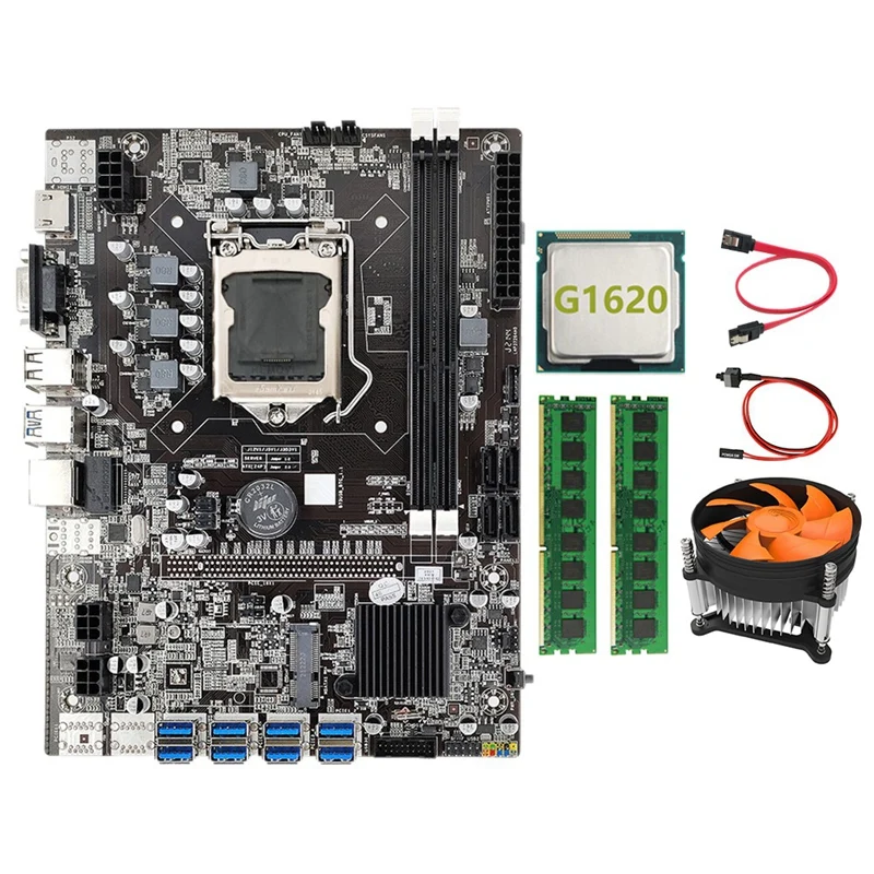 

NEW-B75 BTC Mining Motherboard+G1620 CPU+2XDDR3 4GB 1600Mhz RAM+Cooling Fan LGA1155 8GPU PCI-E To USB3.0 BTC Bitcoin Miner