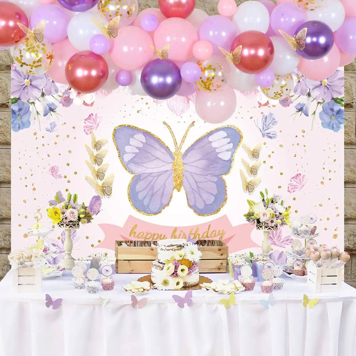 

SURSURPIRSE Butterfly Theme Pink Purple Latex Gold Confetti Balloon Garland Arch Kit Backdrop for Girls Birthday Party Supplies