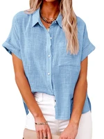 womens solid short sleeve blouse 2022 summer fashion cotton linen pockets loose vintage harajuku shirt elegant tops streetwear