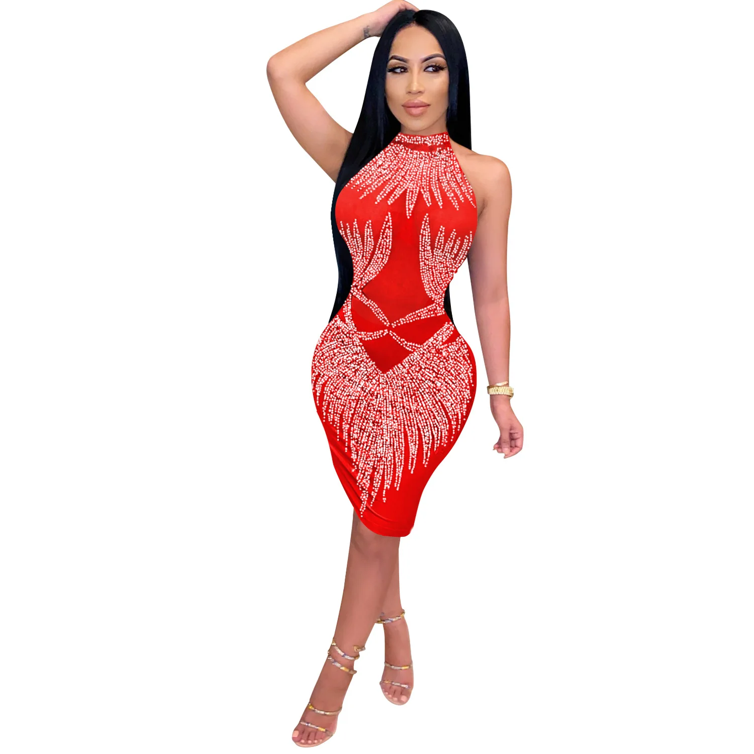 

Новый Дизайн Стразы с высокой горловиной женское Сетчатое лоскутное вечернее платье