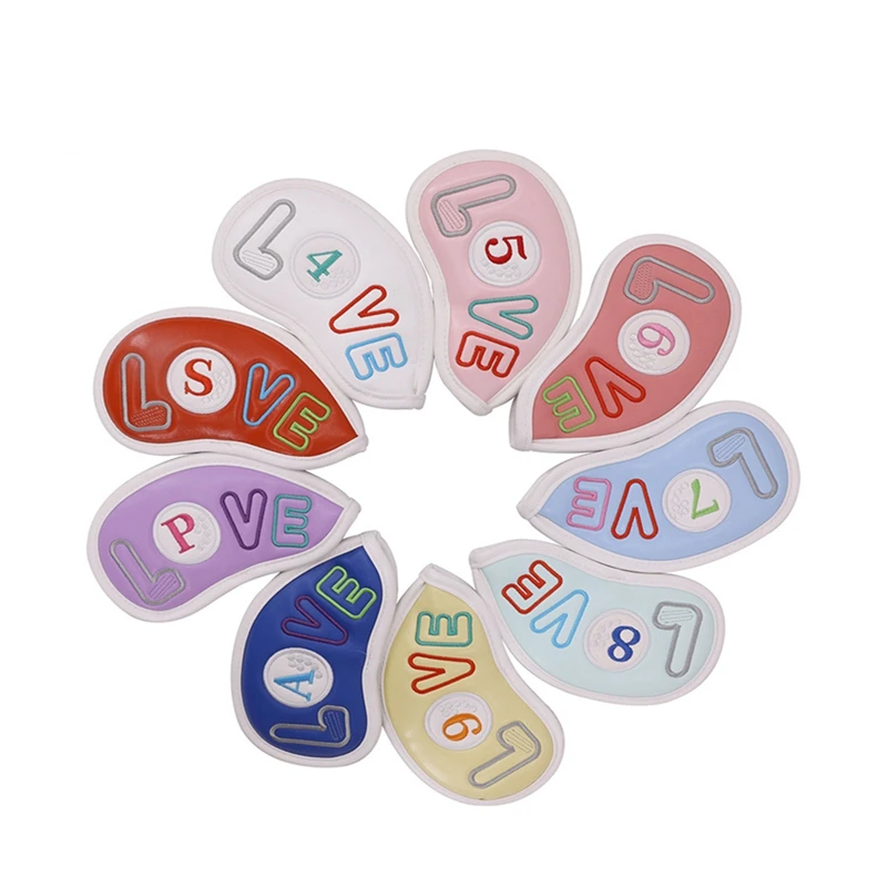 

9Piece Rainbow Colors Love Golf Iron Headcovers Embroidery Soft PU Leather Cute Ladies Club Covers