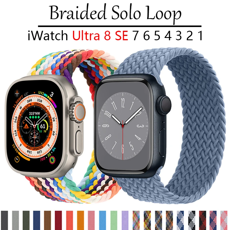 

Ремешок Плетеный Соло для Apple Watch Band 44 мм 40 мм 45 мм 41 мм 42 мм 38 мм 45 мм, эластичный браслет для iWatch Series 8 Ultra 7 se 3 6