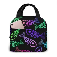 neon fish skeletons cooler bag portable zipper thermal lunch bag convenient lunch box tote food bag