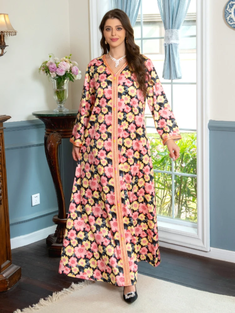 Women's Dresses Spring Summer 2023 Travel Fashion V Neck Lace Tape Floral Print Retro Dress Long Sleeve Casual Loose Robe