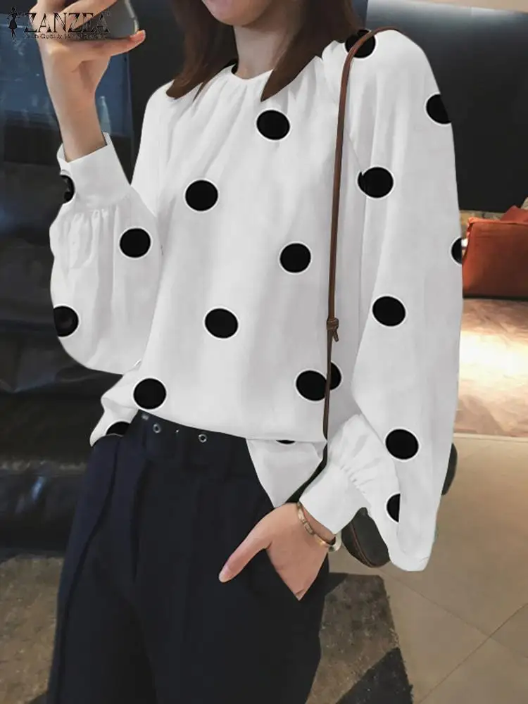 

Элегантная блузка с длинным рукавом и принтом в горошек ZANZEA, Женская Осенняя рубашка, модные офисные блузы, повседневные праздвечерние чные...
