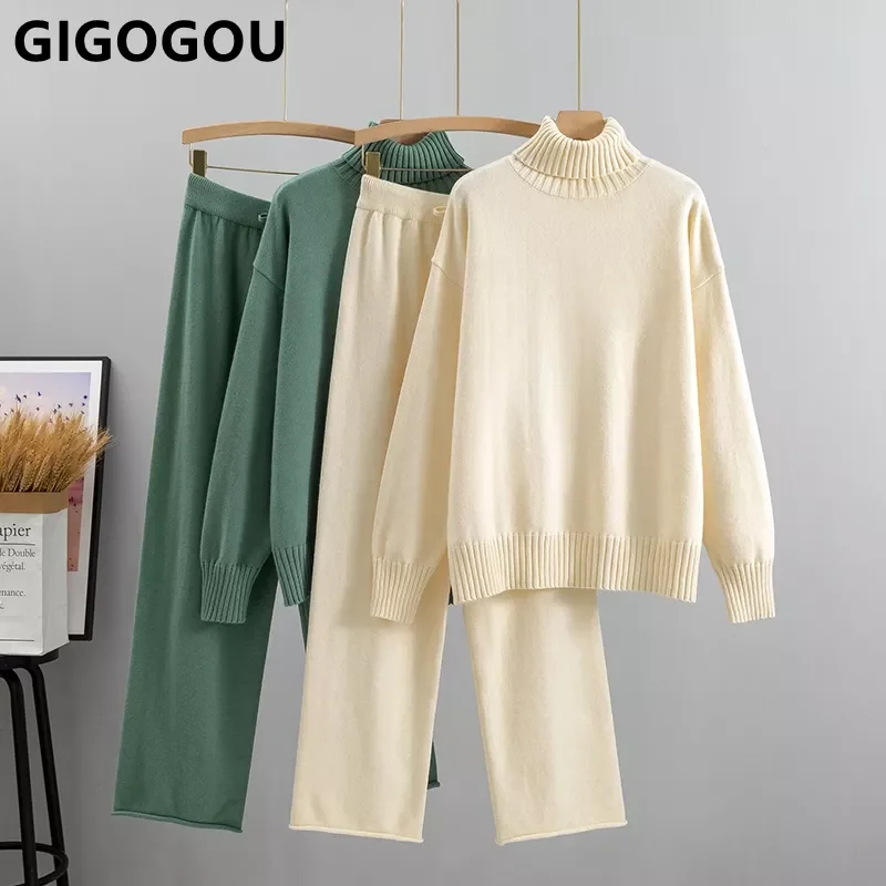 

NEW2023 GIGOGOU Autumn Winter Women Turtleneck Sweater Suit Fashion Knit Two Piece Loose Pant Set Soft Warm lady Oversized Track