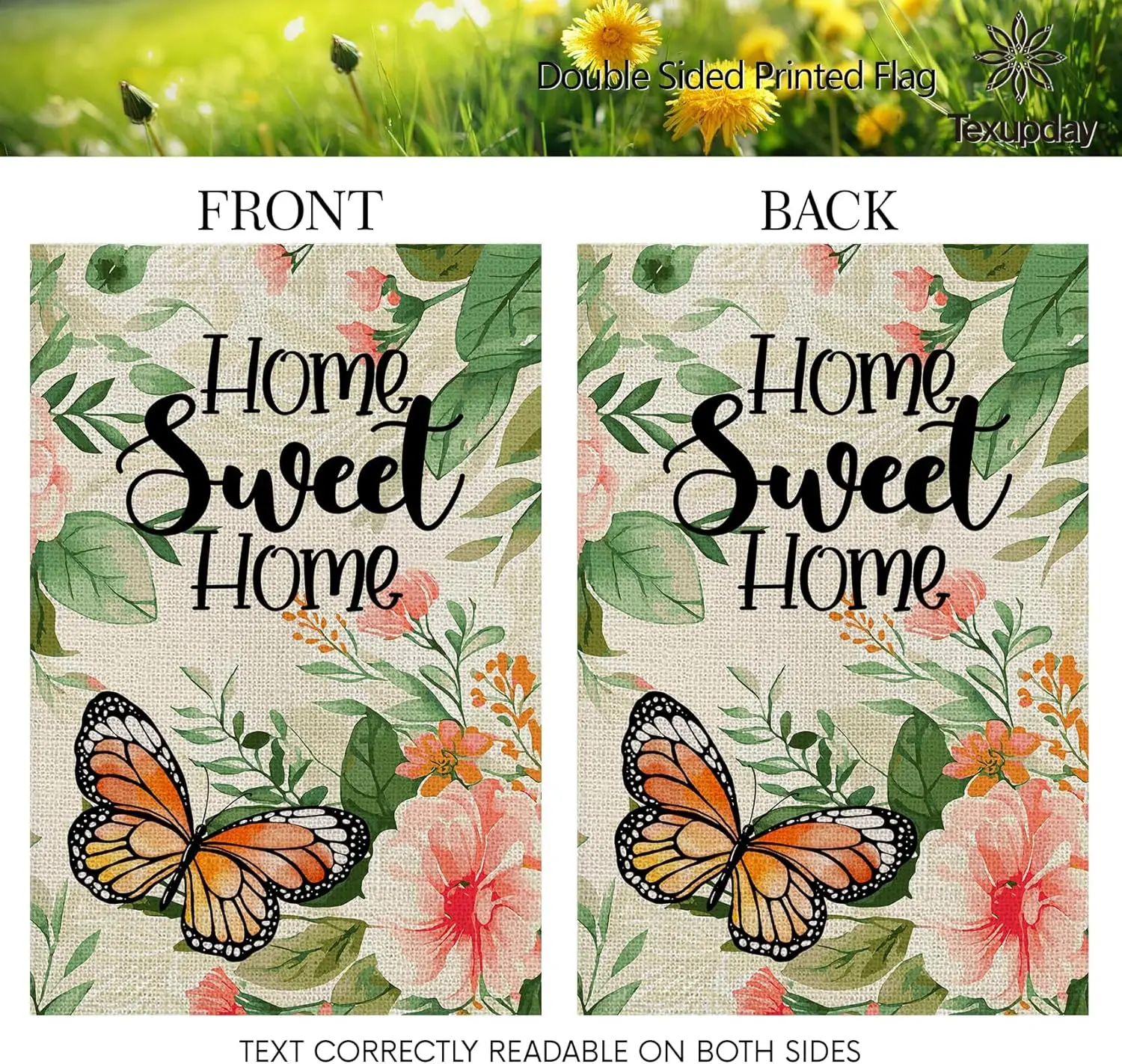 Фото Декоративный двусторонний вертикальный садовый флаг Texupday Home Sweet Home с акварельными цветами и бабочками, весна-лето, рустик WZZ №4