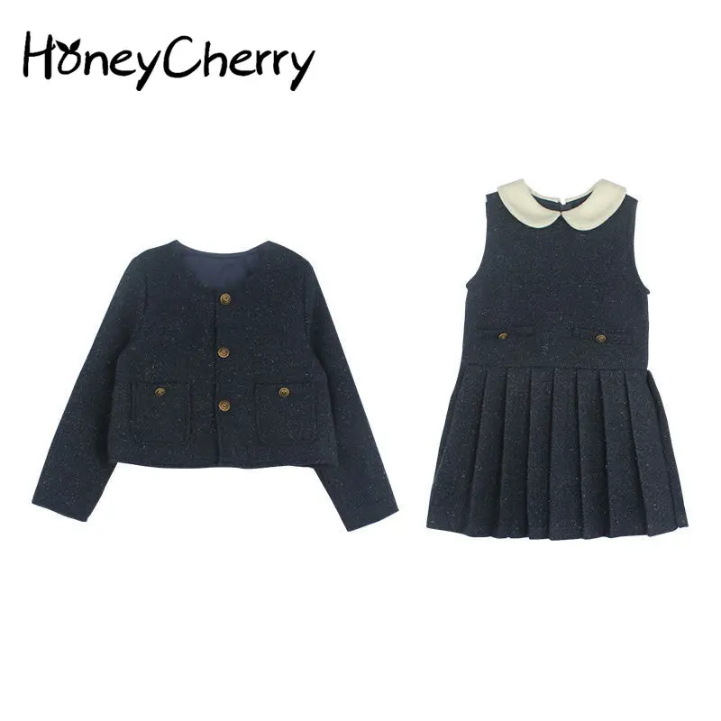 HoneyCherry New Girl's Tweed Jacket Dress Two-piece Girls' Pleated Skirt Set Kids Clothes Girls