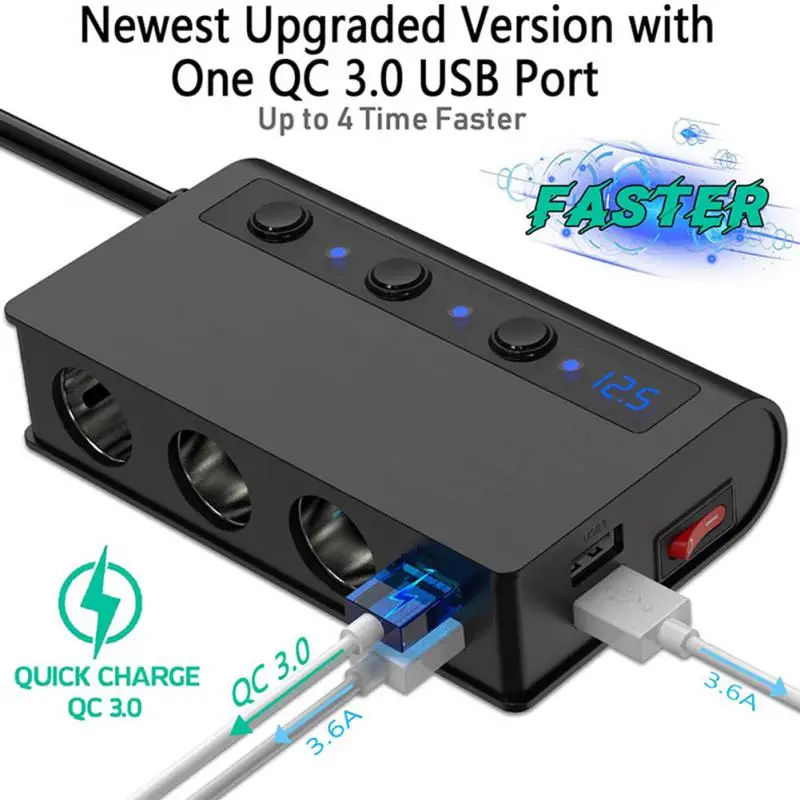 

3 Way Multi Socket Car Cigarette Lighter Splitter USB Plug Charger 12V/24V Triple Adapter with USB Port