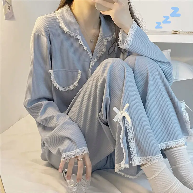 

Autumn Cotton Women Pajamas Long Sleeve Women's Pajama Set Sweet Princess Pijama Sleepwear + Pants Two Piece Set Pyjamas C200