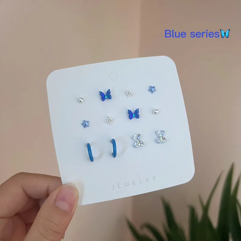 

S925 Silver Needle Blue Color Series Earrings Set Shining Bear Butterfly Stud Earrings for Women Girls New Fashion Jewelry Gifts