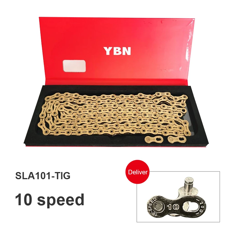 

YBN 10 Speed Full Hollow Bicycle Chain SLA101TIG Non-stick Coating MTB Road Bike Golden Chain for Shimano SRAM/Campanolo System