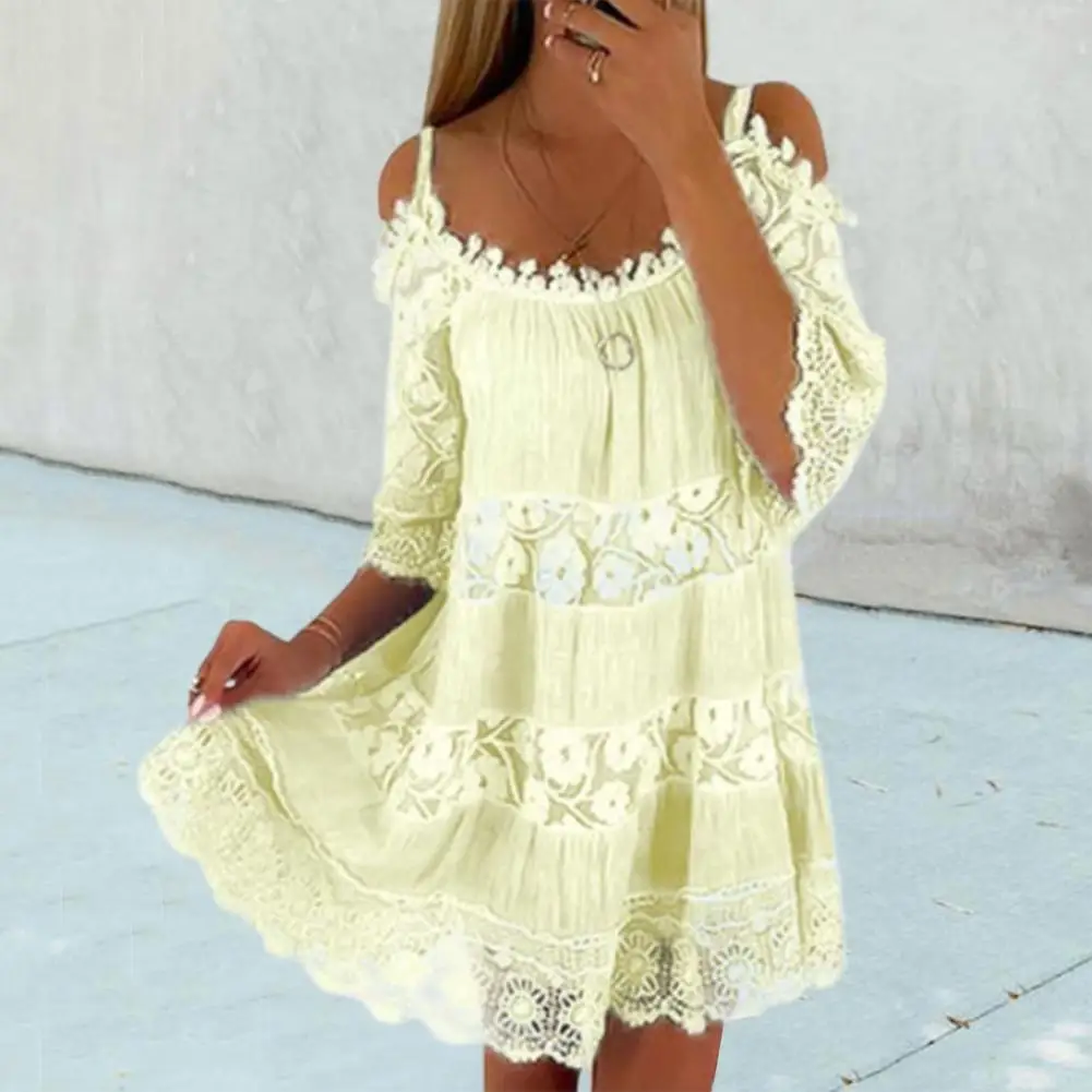 

Летнее платье свободного покроя с мягкой текстурой, с вышивкой кружевом крючком, с открытыми плечами, мини-платье для вечерние, однотонное п...