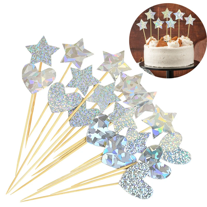 

20/40Pcs Happy Birthday Cake Toppers Laser Star Heart Shape Cupcake Topper For Baby Shower Wedding Party Dessert Cake Decor Tool