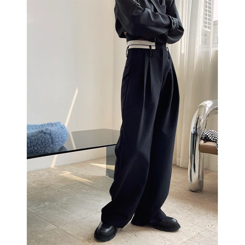 Autumn New High-waisted Wide-leg Trousers Loose and Thin Waist Contrast Color Thickened Trousers Women