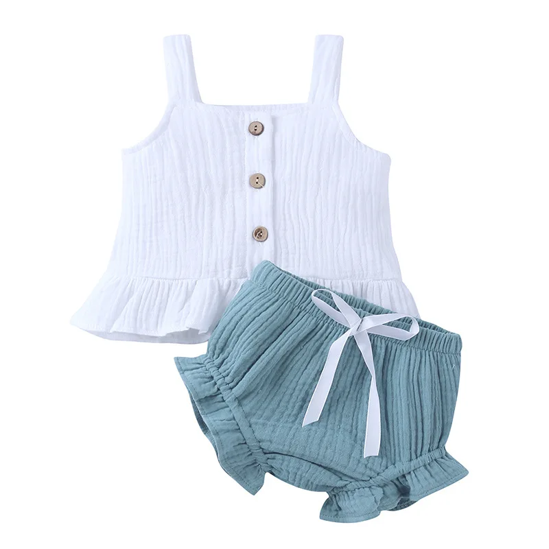 

New Summer Toddler Baby Girls Set Suit Outfits Button Single Breasted Vest + Shorts Suits for Kids Cotton Clothing 0~24 Month