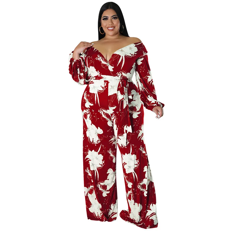 Plus Size Jumpsuits Jumpsuits for Women 2022 Elegant Print V-Neck Lace Up Long Sleeve Straight One Pieces Office Lady Autumn