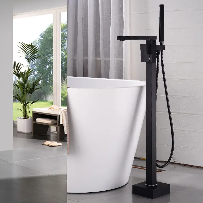 Black Bathtub Faucet Chrome Floor Stand Mixer 360 Degree Rotation Spout with Handshower Head Bath Shower