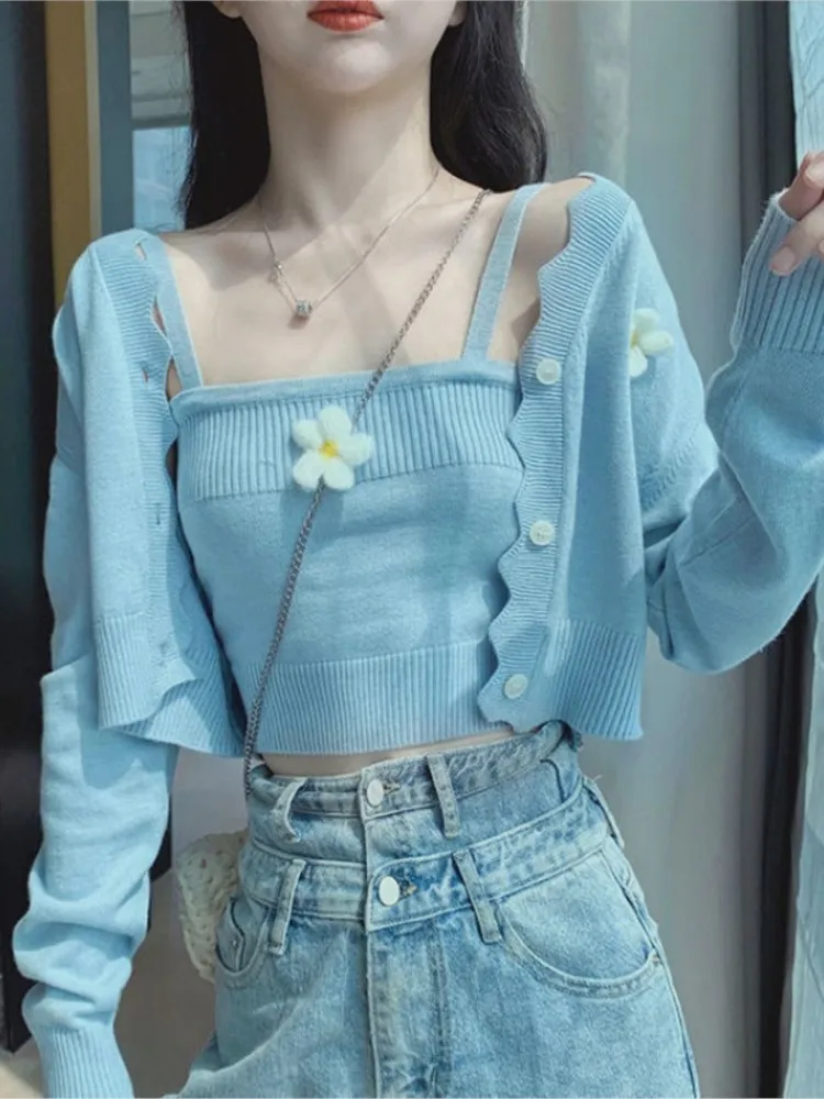 

Women Sweet Spring Autumn Knitted Two Piece Set Blue Single Breasted Cardigan Short Sweater Bottomer Suit Japanese Casual Setup
