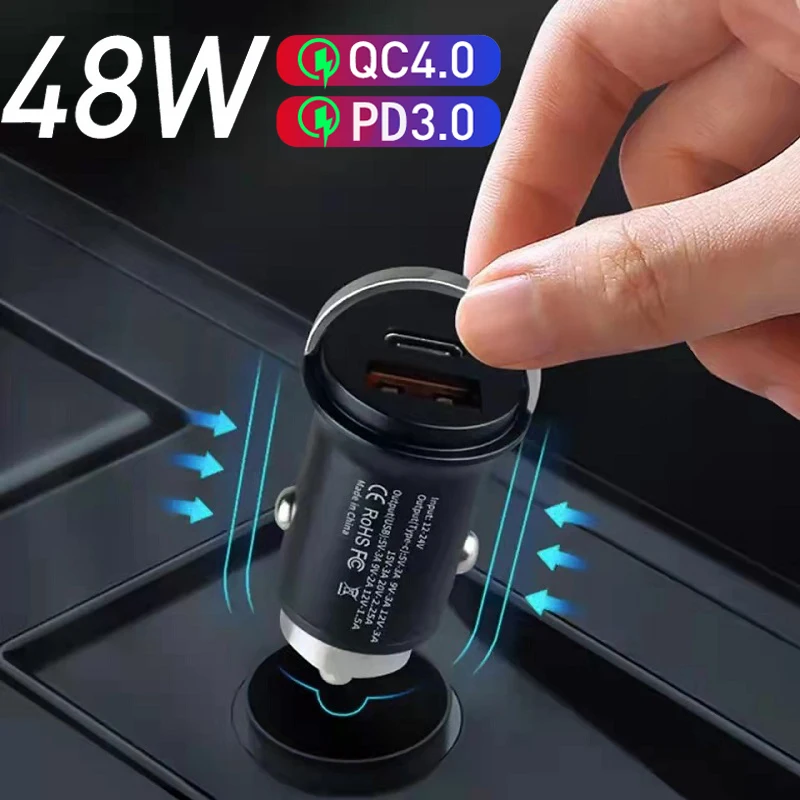 

Автомобильное зарядное устройство USB, 48 Вт, PD QC 3,0, быстрая зарядка 3,0, Тип C, адаптер для быстрой зарядки телефона для iPhone 13, 12, Redmi, Huawei, Samsung S21, S22