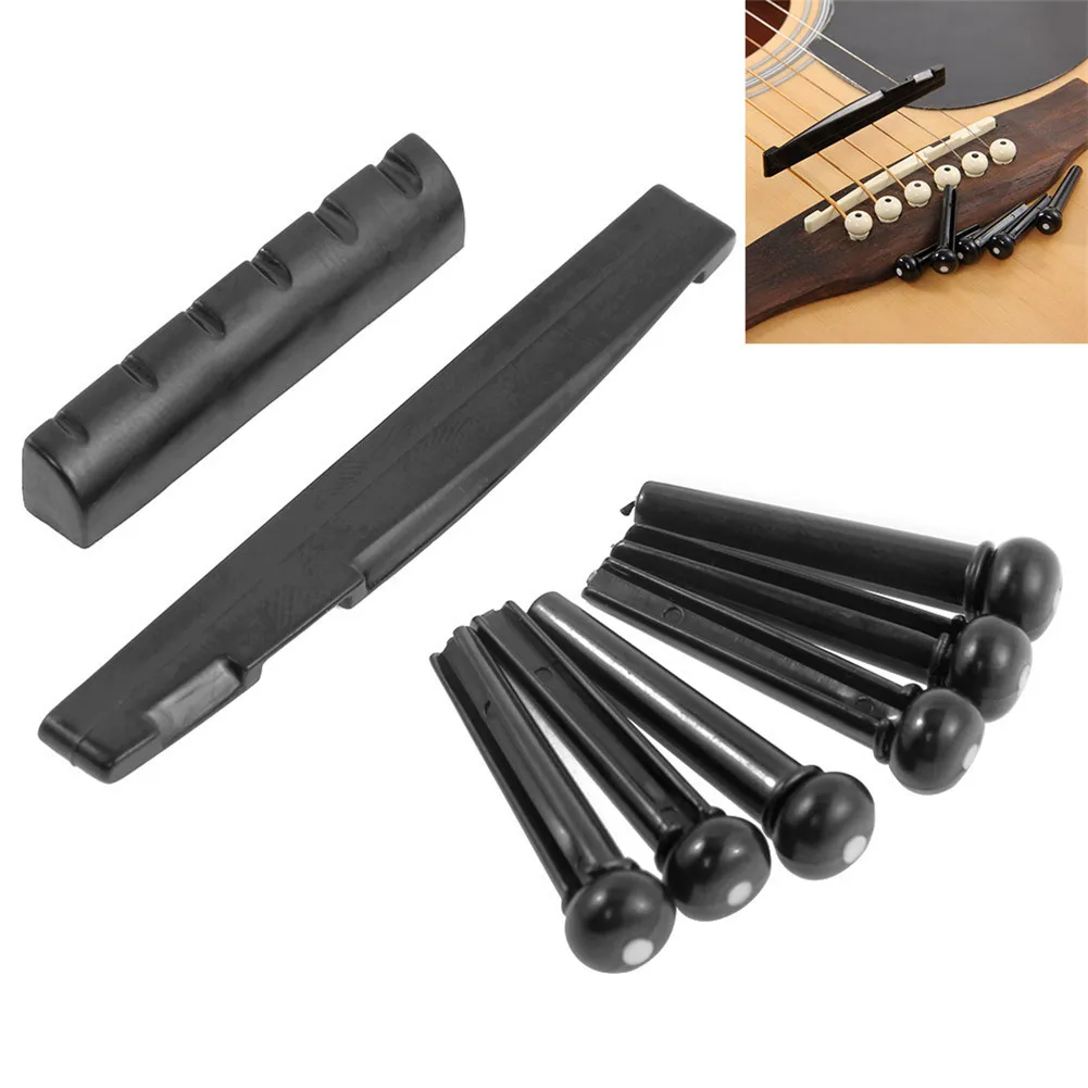 

1 Set Acoustic Folk Guitar Plastic Material Bridge Pins Saddle Nut 6 Pieces Black Guitar Parts Accessories 43mmX6mmx8.2-7.5mm