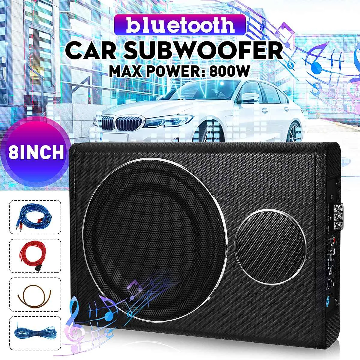 

800W 8" bluetooth Car Amplifier Subwoofer Car Audio Slim Under Seat Active Subwoofer Bass Speaker Auto Woofer Music Player