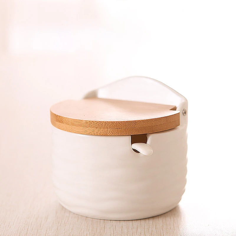 

Practical Fashionable Convenient Ceramic White Wooden Clamshell Condiment Jar Kitchen Supplies Tools