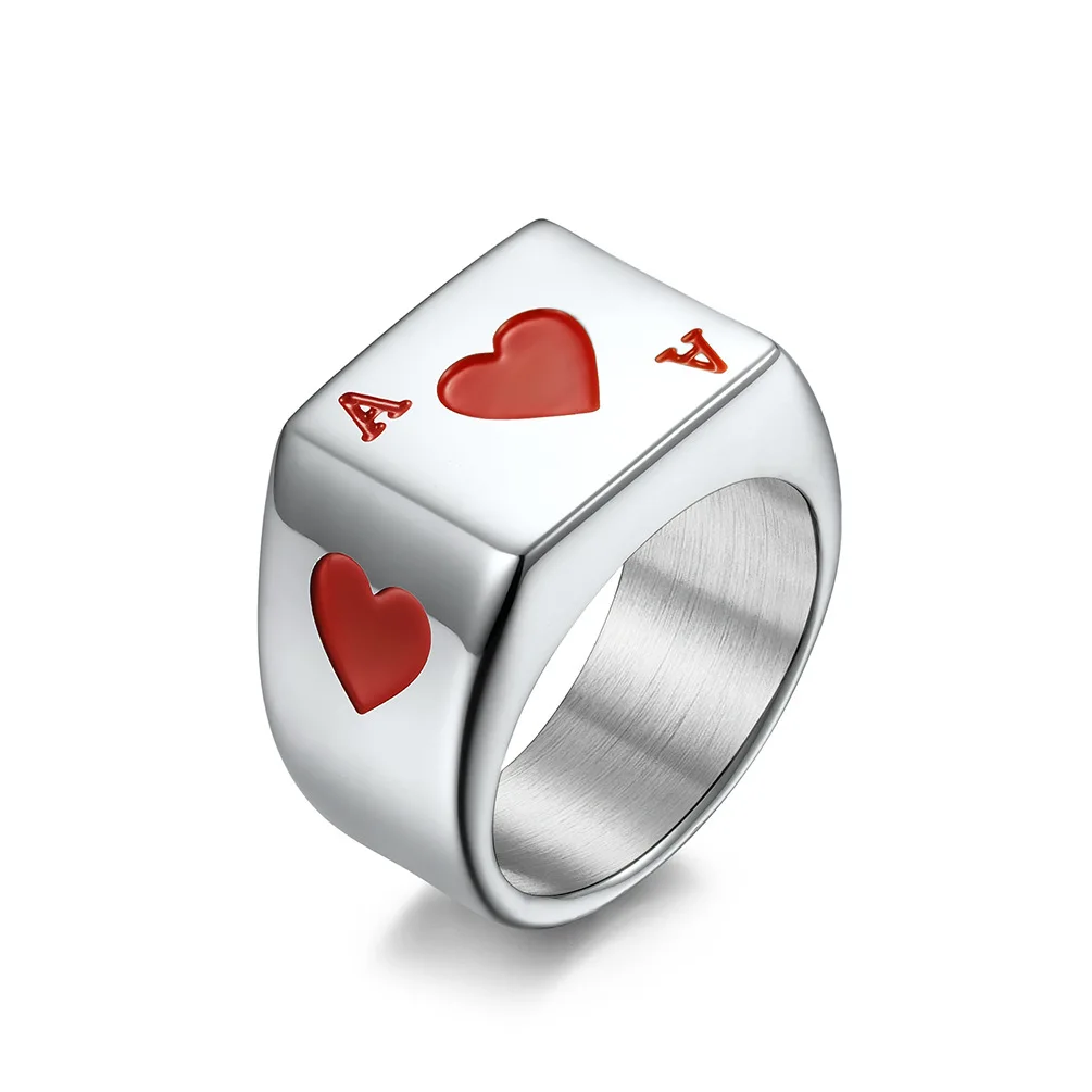 

Bohemia Poker Ace of Hearts Engagement Rings for Women Lovers Wedding Gifts Charm Red Color Stainless Steel Biker Jewelry 2023