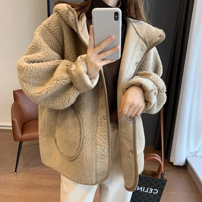 

Lamb Plush Coat Women's Teddy Bear Jacket New Hairy Korean Version Loose Thickened Thin Versatile Hooded Top Autumn Winter