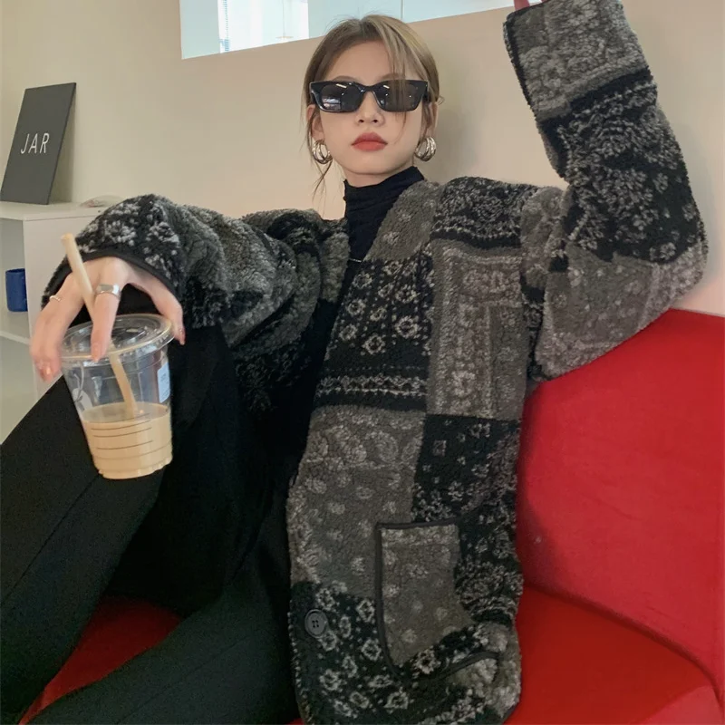 Women's Parka Coat Fashion Print Winter Jacket Loose Round Neck Warm Thick Lamb Wool Thicken Jacket Casual Streetwear Women