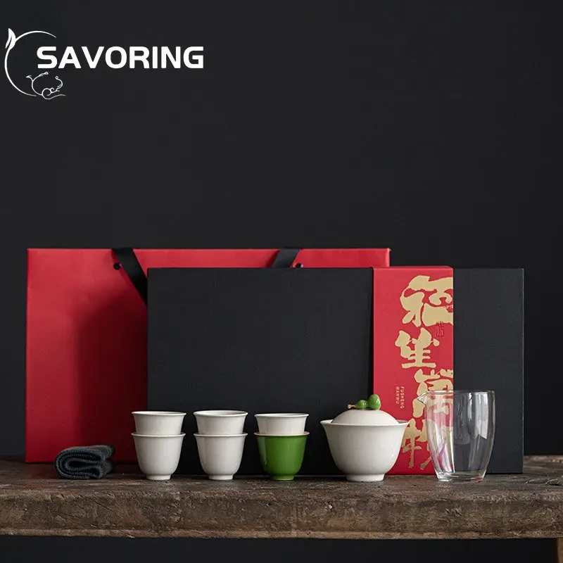 Chinese Plant Ash Gourd Persimmon Ceramic Tea Set Handmade Tea Bowl Tea Cup Tea Ceremony Customized Kungfu Tea Set Gift Box