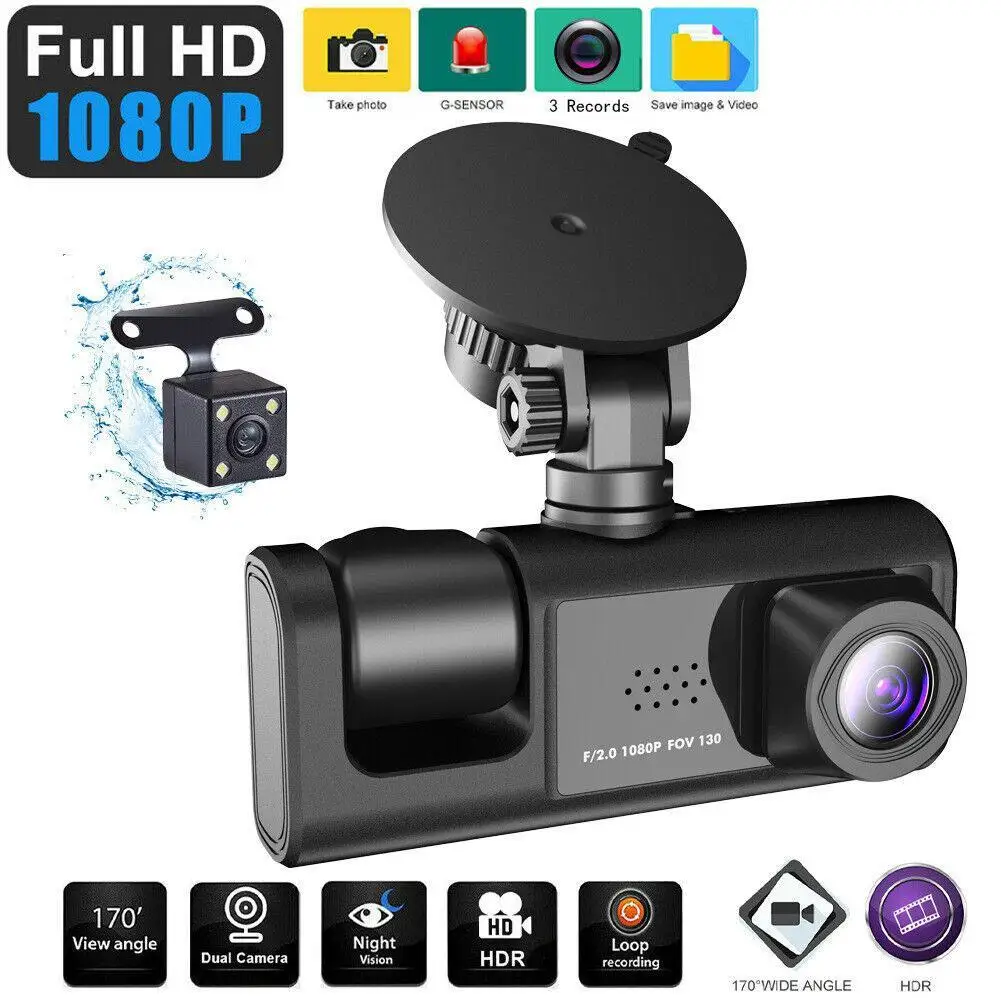 

Видеорегистратор 2 дюйма с 3 объективами, видеорегистратор с передней и внутренней камерой, G-сенсор, Hd 1080P, видеорегистратор с ночным видением, широкоугольный Автомобильный видеорегистратор