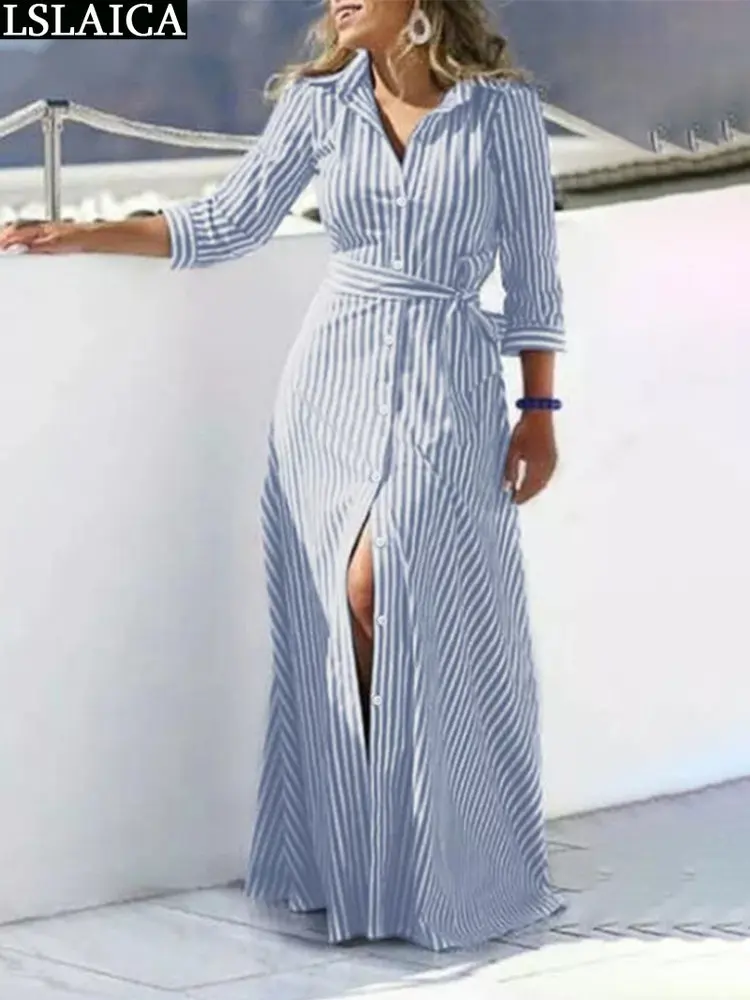 

Shirt Women's Dress Boho Elegant Party Dresses 2023 Long Evening Gown Lace Up Simple Summer Striped Gowns Ladies Chic New Trendy