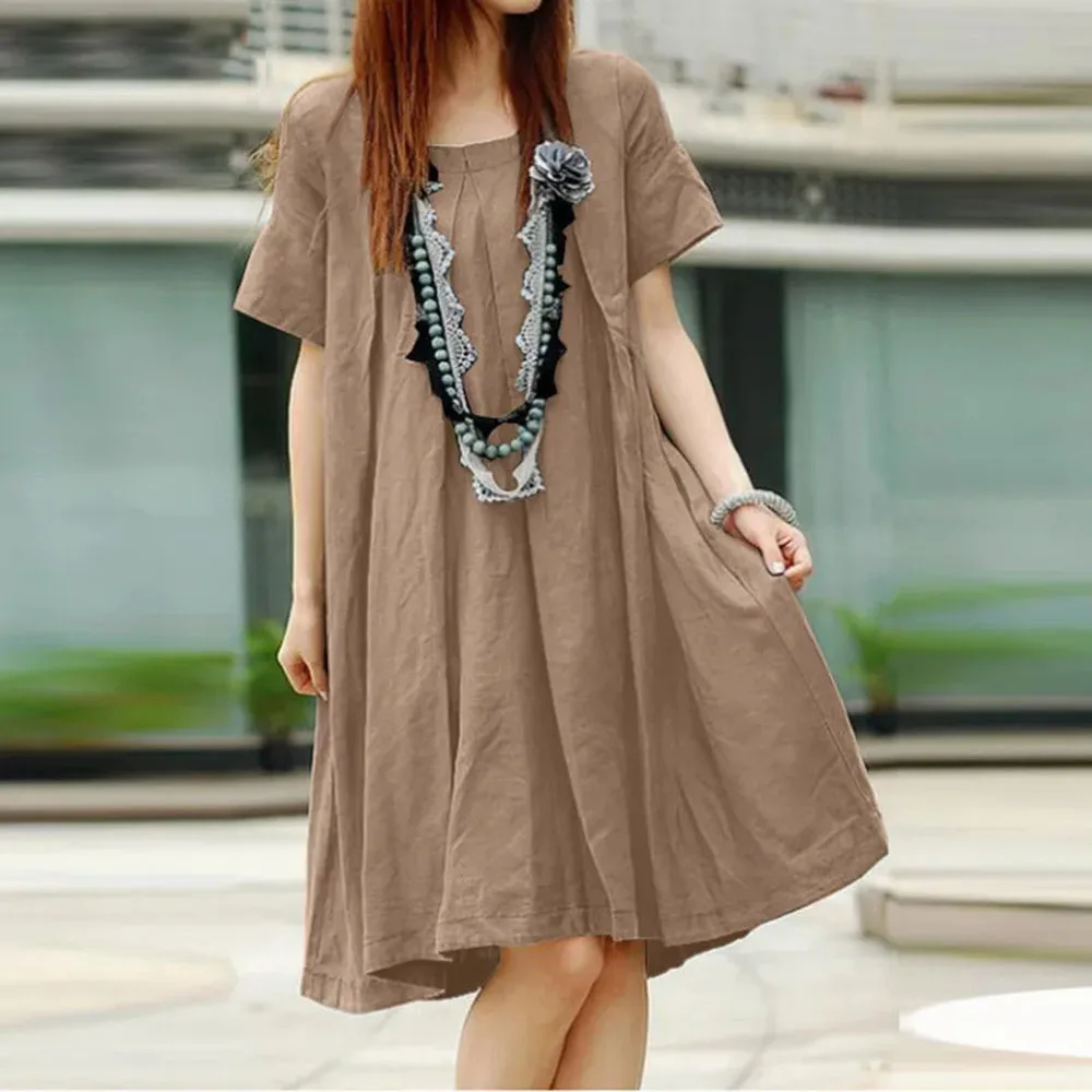 

Simple Casual Pleated Dress Women 2023 Summer Elegant Short Sleeve Solid Loose A-line Maxi Dresses Robe Femme